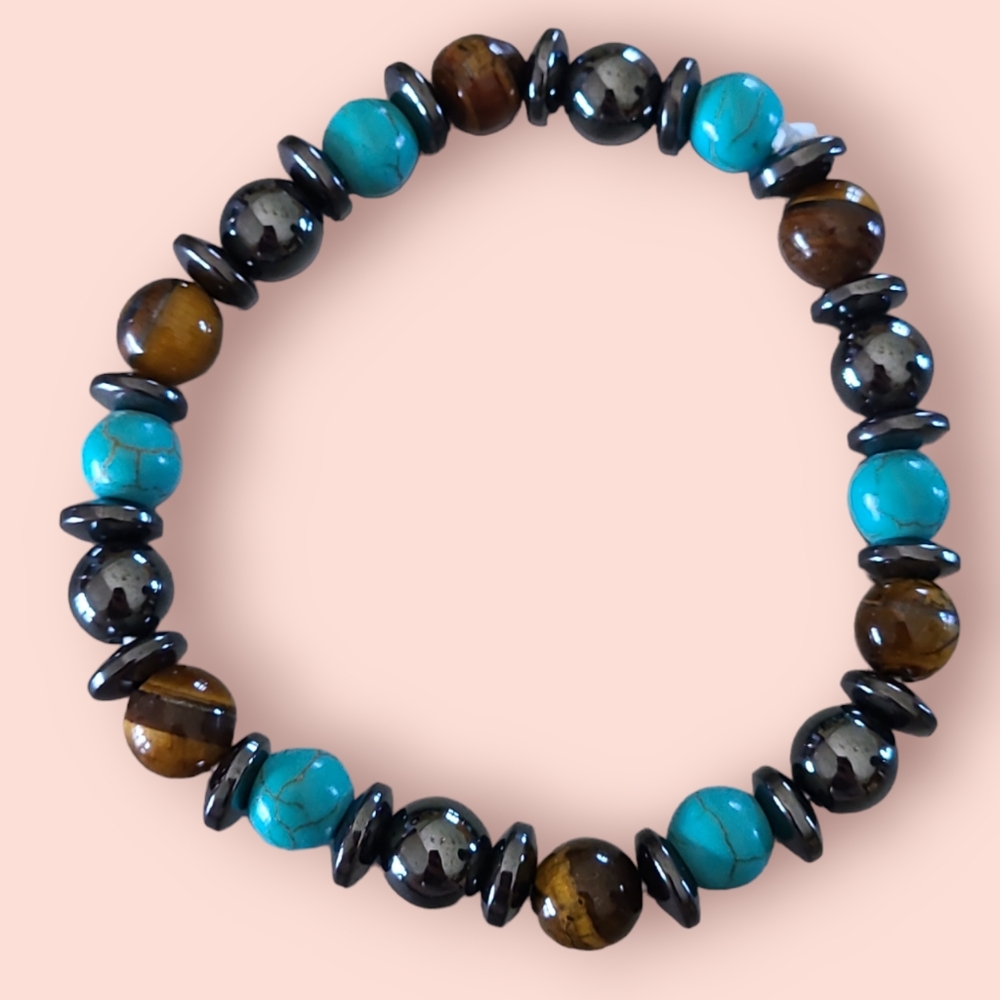 Turquoise, Hematite, Tigers Eye Gemstone Bracelet Black/Blue/Brown